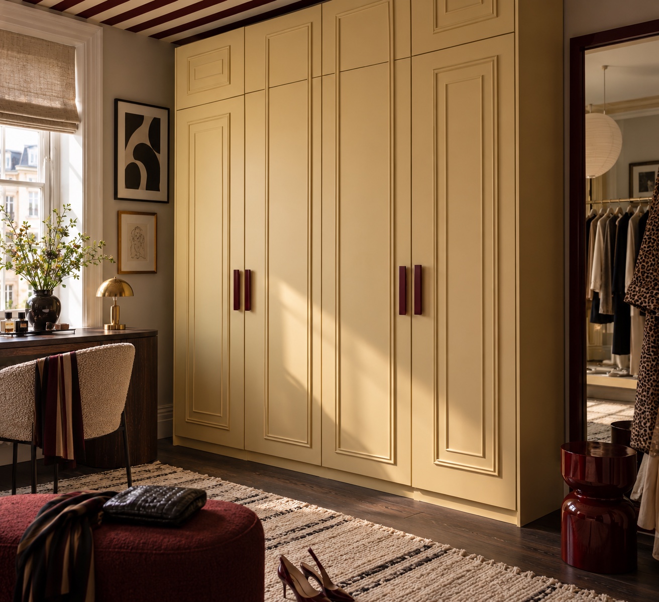 Plain IKEA wardrobe doors upgraded with thin applied mouldings