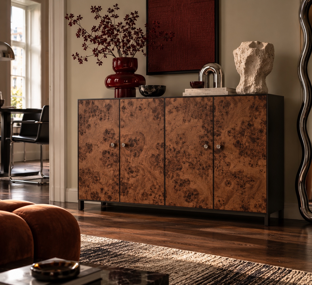 A basic cabinet transformed with dramatic burl veneer