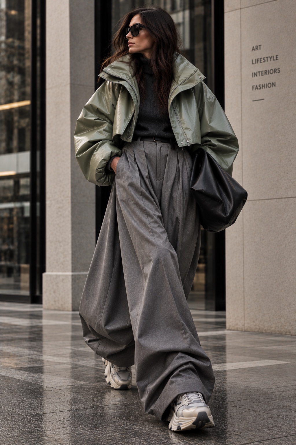 Brunette wearing a short oversized futuristic jacket, extremely wide trousers and chunky sneakers
